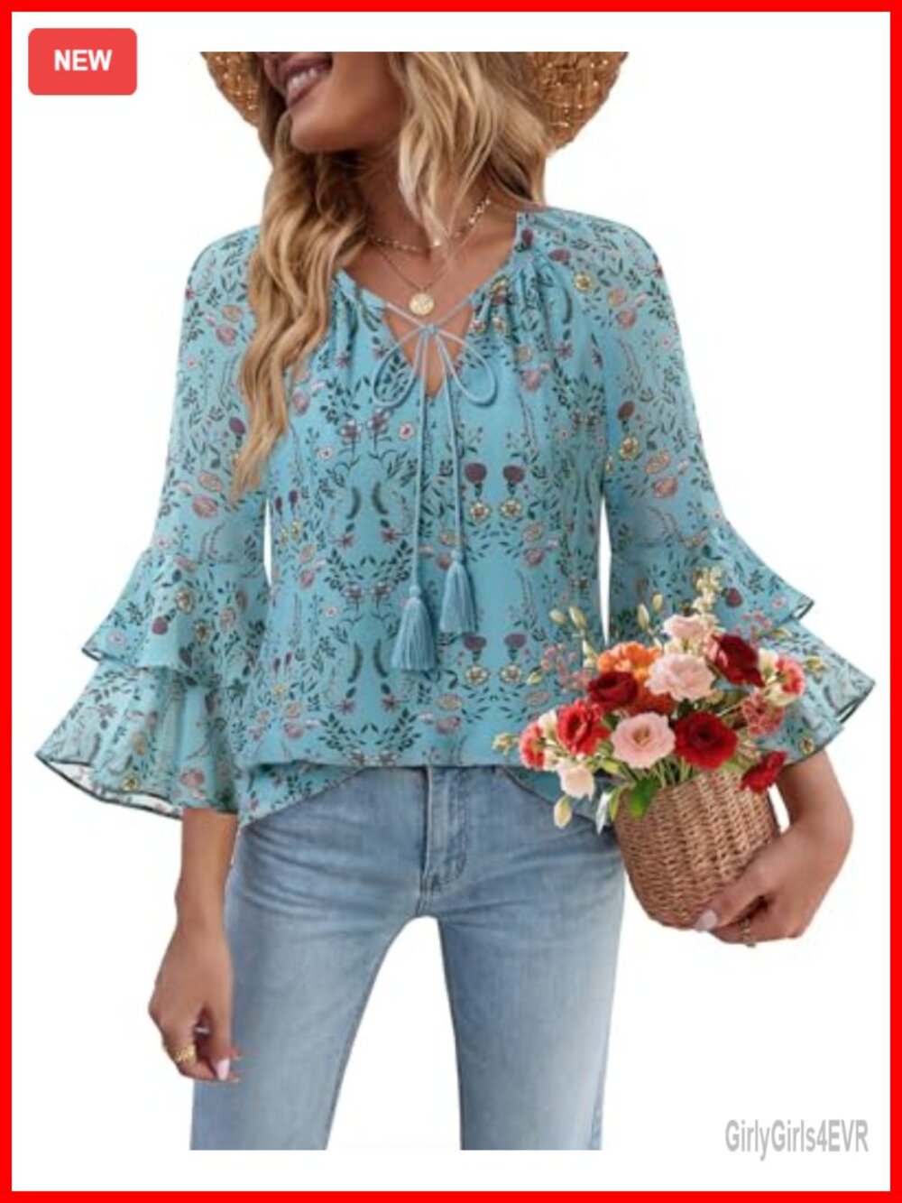 Womens Ruffle Sleeve V Neck Floral Chiffon Blouse Tassel Tie Front Boho Top